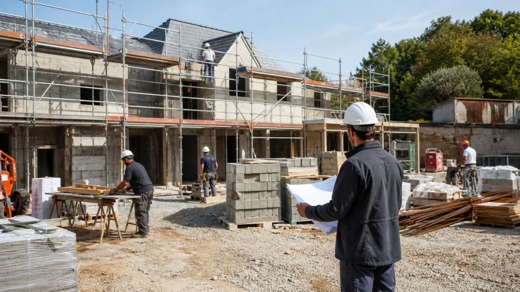 Vue générale d'un chantier de maison coordonné par plusieurs corps d'état